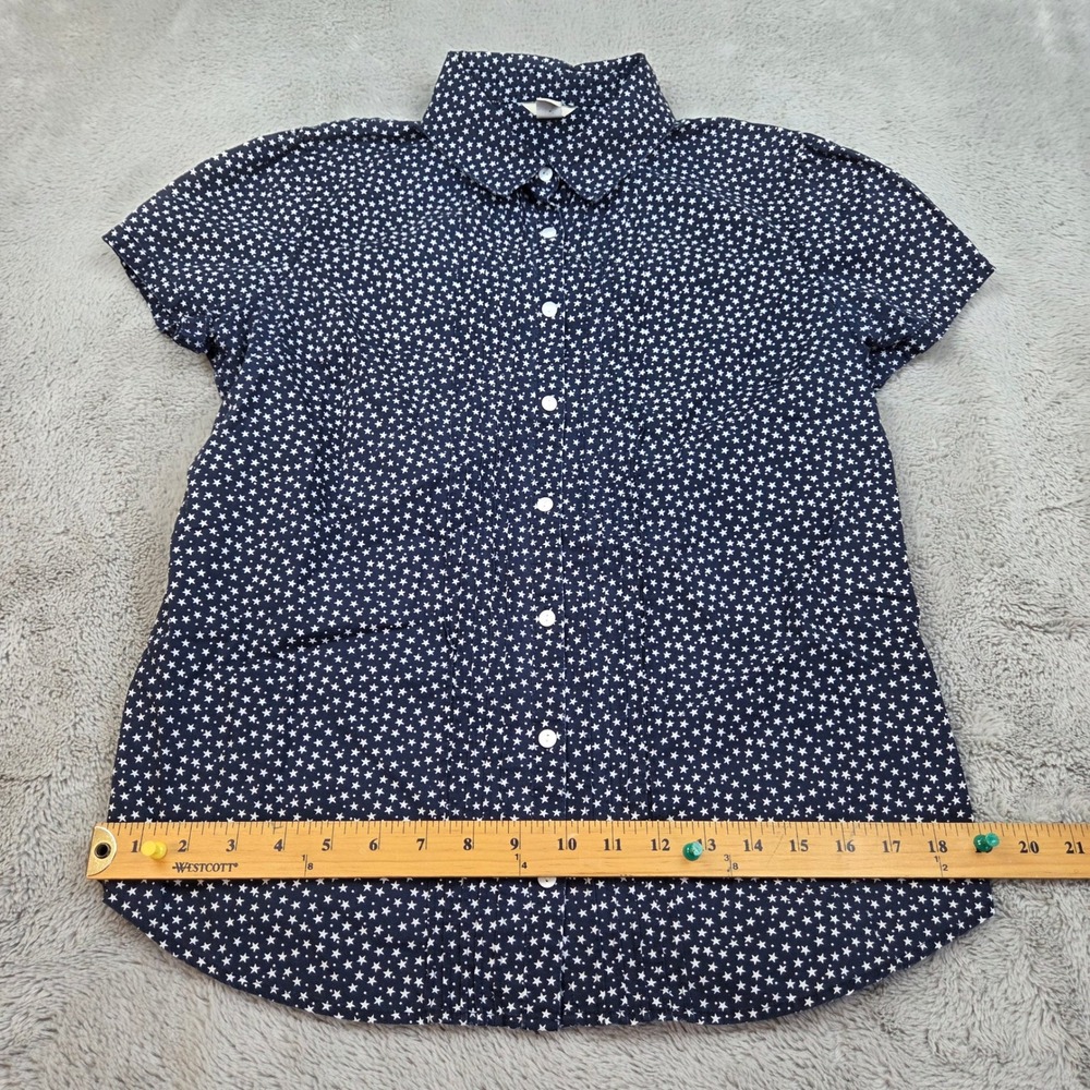 L.L. Bean Button Down Womens S Short Sleeve Star Print Pleated Navy Blue Shirt